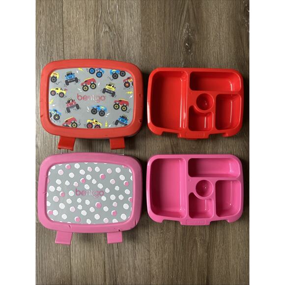 Bentgo Kids Lunch Boxes Lot 2 Pink Polka Dot Design & Monster Truck - Picture 1 of 16
